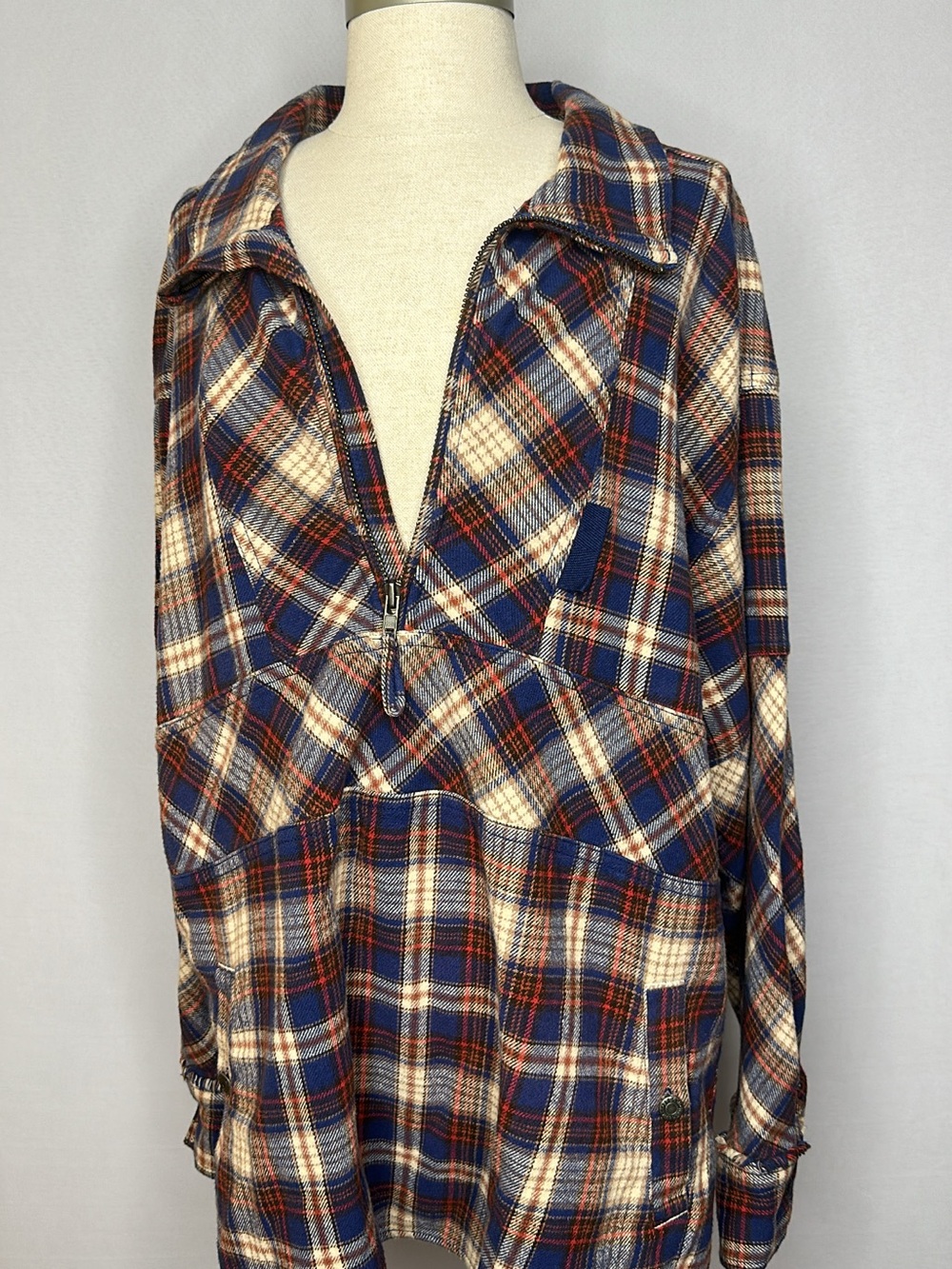 We The Free Plaid Half-Zip Pullover in Navy, Cream & Rust